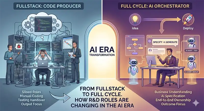 Two-panel illustration: on the left a stressed 'Fullstack: Code Producer' buried in servers and bug reports; on the right a calm 'Full Cycle: AI Orchestrator' directing AI agents from idea to deploy, under an 'AI Era Transformation' arch.